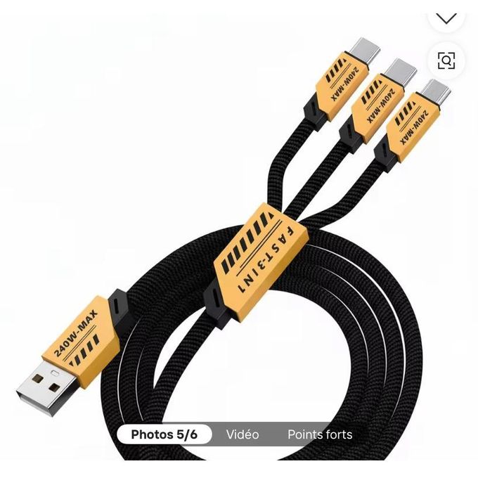 Câble de Charge Ultra-Rapide 3-en-1 (240W Max) – Tressé et Indestructible